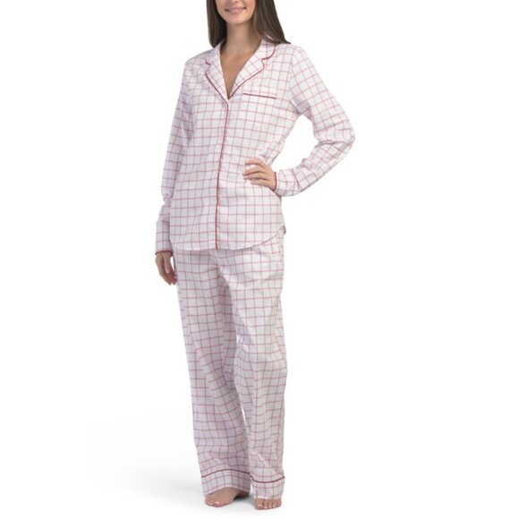 PETITE PLUME White Twill Tattersall Pajama Set - Picture 1 of 2
